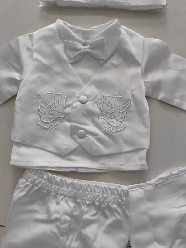 Baby Boy Christening Outfit – White Baptism Suit with Vest, Pants & Bonnet