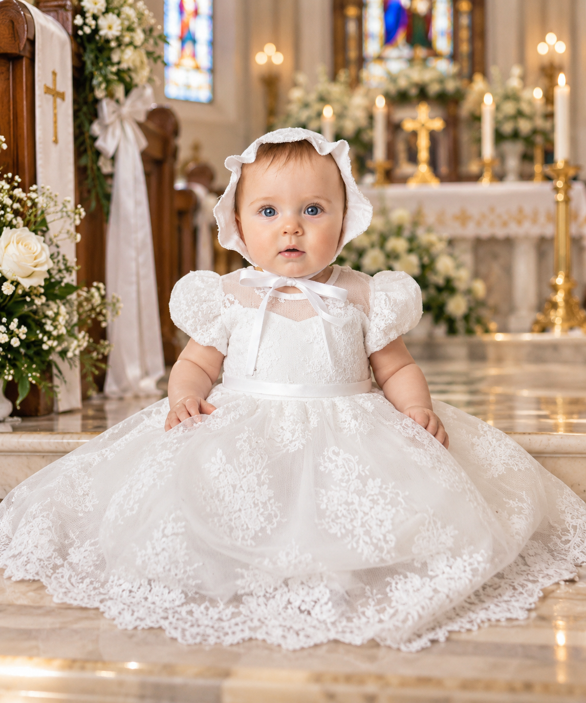 Elegant Baby Girl Baptism Dress with Bonnet – White Lace Christening Gown