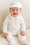 White Baby Christening Outfit Set – Cross Embroidered Romper, Cap & Bib