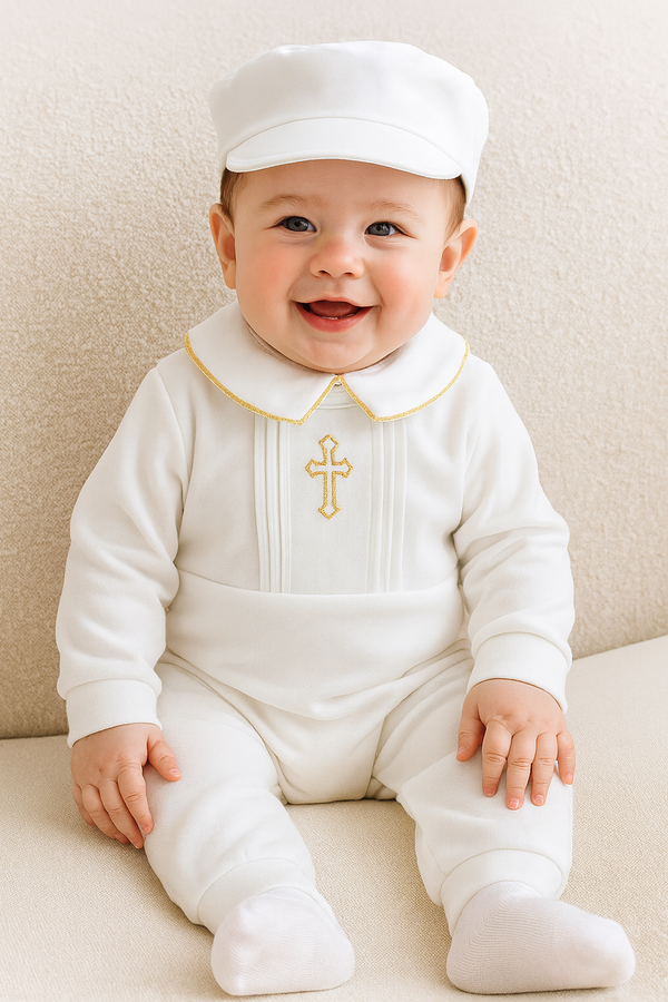 White Baby Christening Outfit Set – Cross Embroidered Romper, Cap & Bib