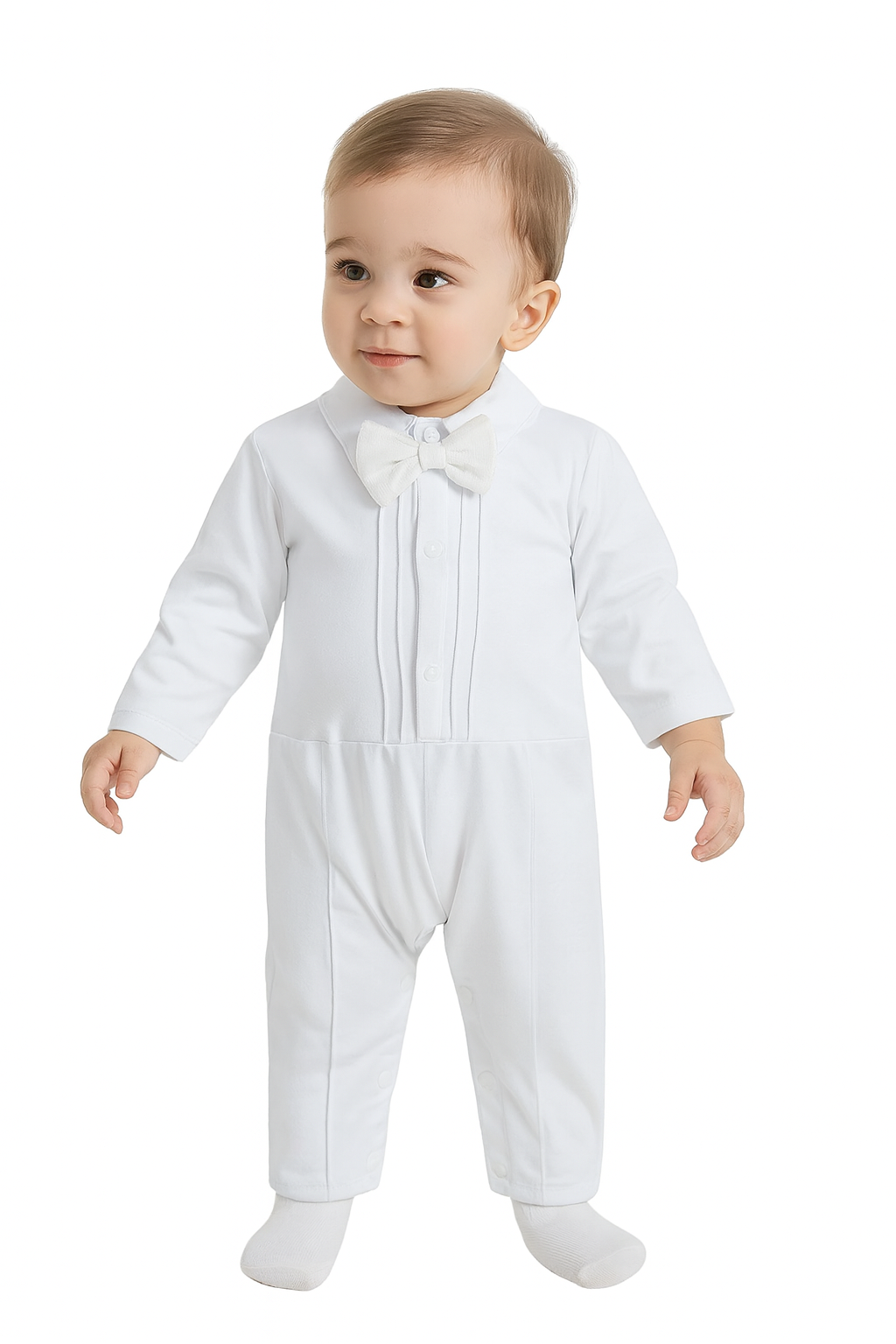 “Baby Boy White Suit with Bow Tie and Jacket – Elegant Outfit for Baptism, Christening .