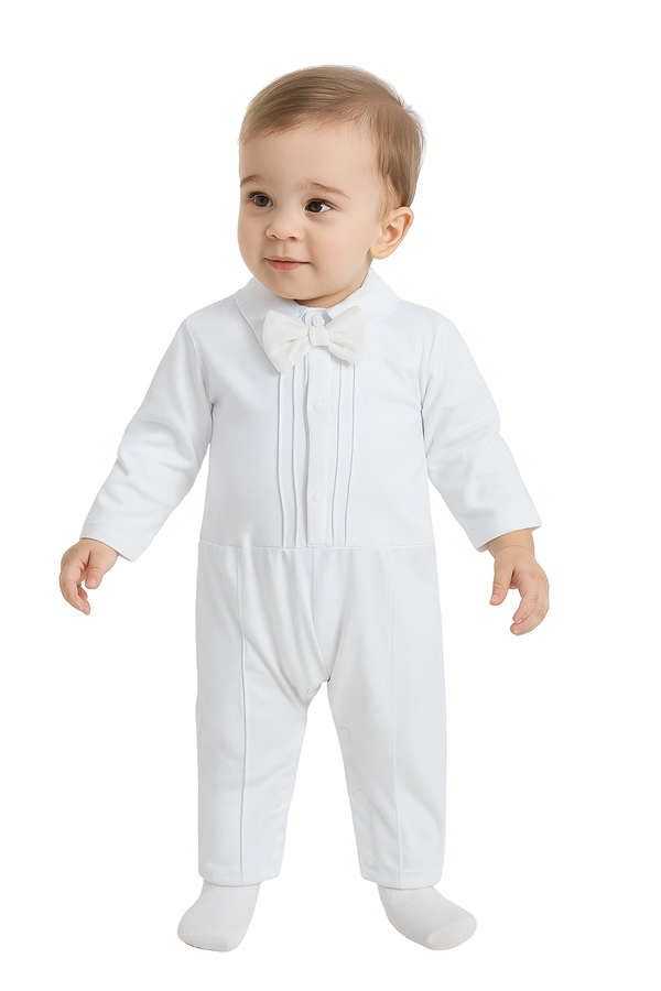 “Baby Boy White Suit with Bow Tie and Jacket – Elegant Outfit for Baptism, Christening .