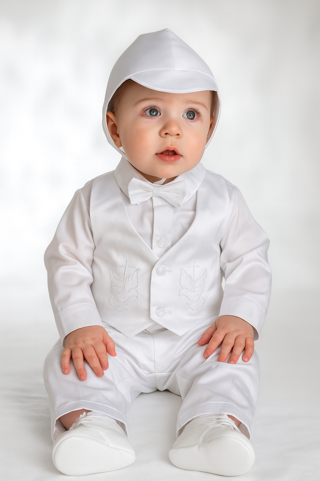 Baby Boy Christening Outfit – White Baptism Suit with Vest, Pants & Bonnet