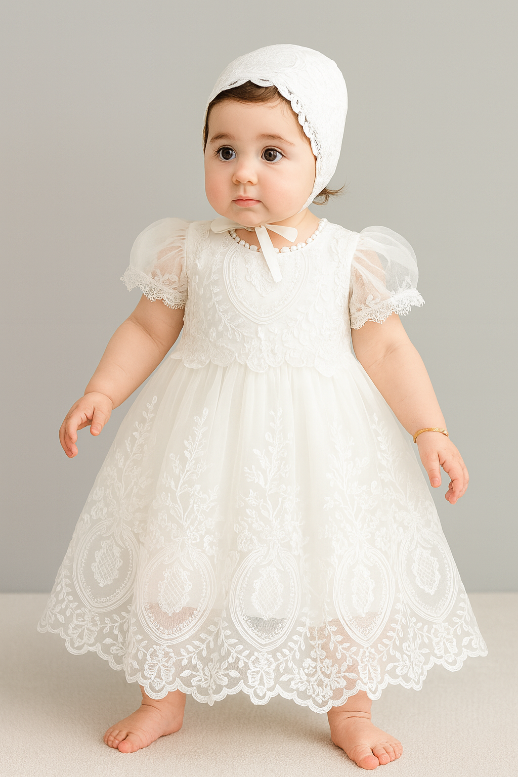 White Lace Baby Girl Christening Dress with Bonnet – Baptism Gown for Newborn & Infant