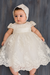Elegant White Baby Girl Christening Dress – Lace Embroidered Baptism Gown with Bonnet