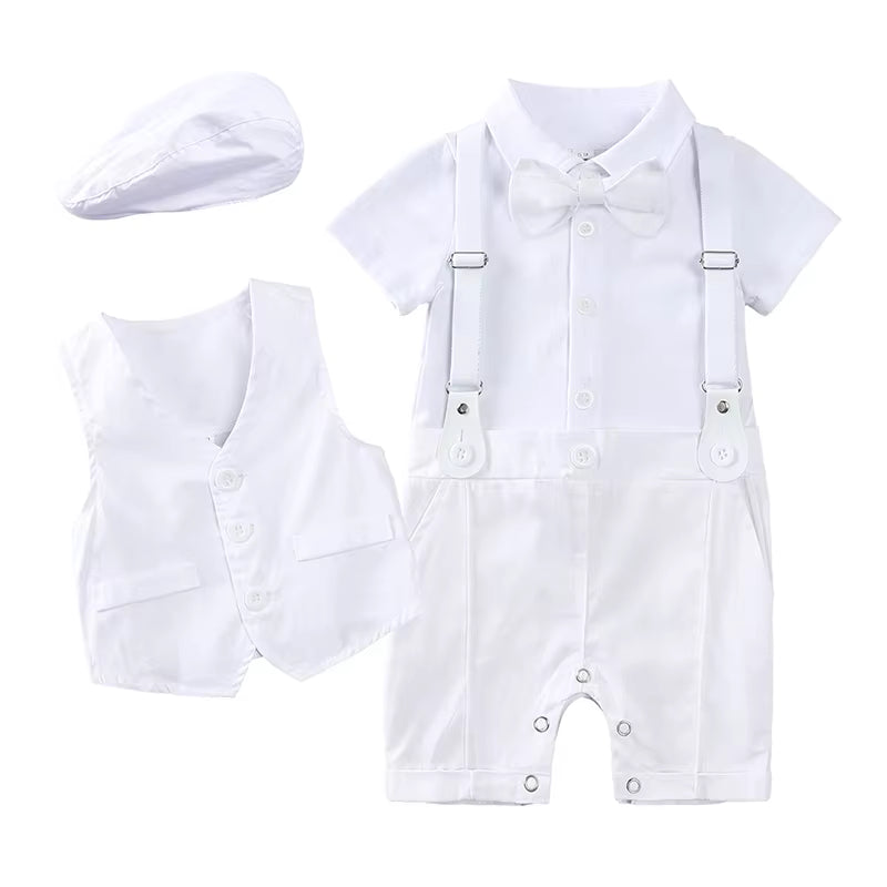 Baby Boy Baptism Outfit | 4-Piece Christening Romper Set with Vest, Hat & FREE Matching Socks | White Formal Outfit for Baptism & Wedding
