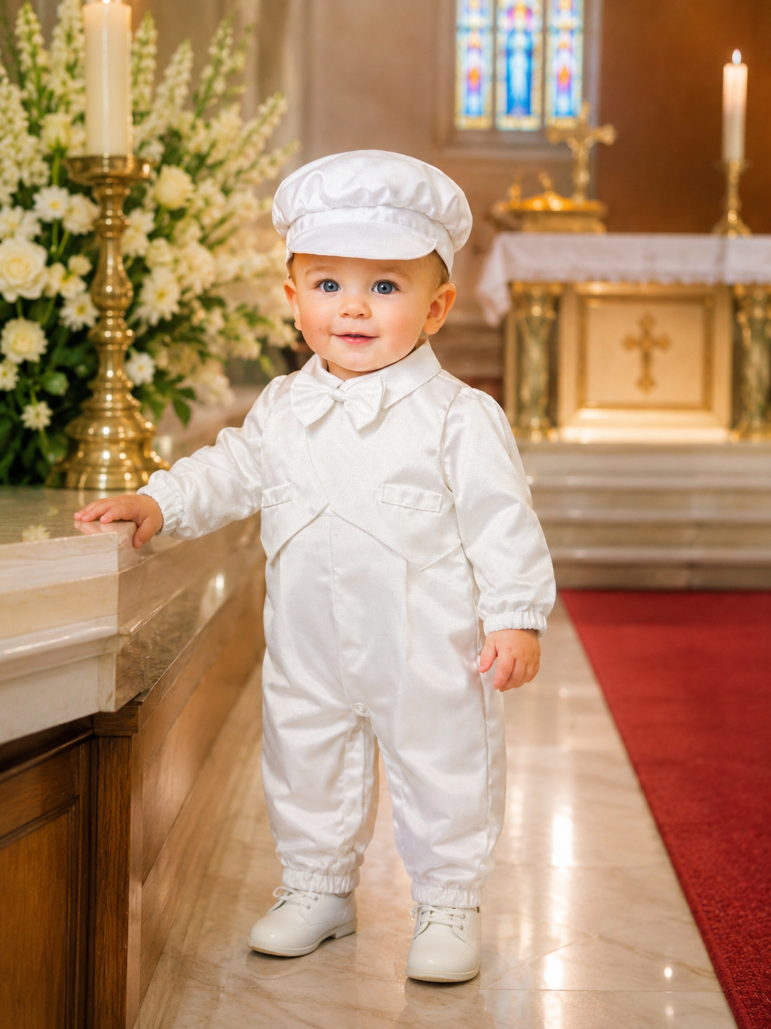Baby Boy Baptism Outfit with Hat - White Christening Romper Suit for Baptism, Dedication & Special Occasions