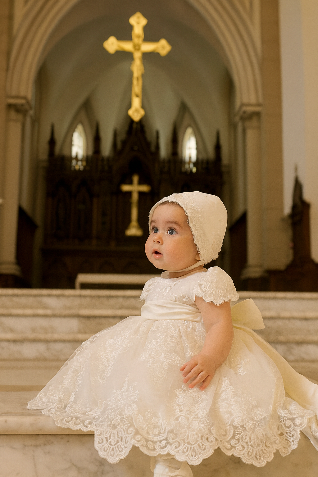 Elegant White Baby Girl Christening Dress – Lace Embroidered Baptism Gown with Bonnet
