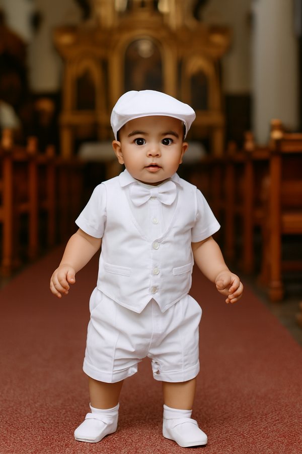 Baby Boy White Baptism Outfit with Vest, Bow Tie, Suspenders & Cap – Formal Christening Suit