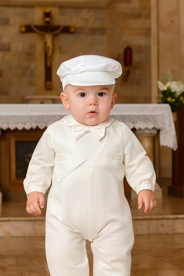 Baby Boy Baptism Outfit – White Christening Suit with Bow Tie & Hat
